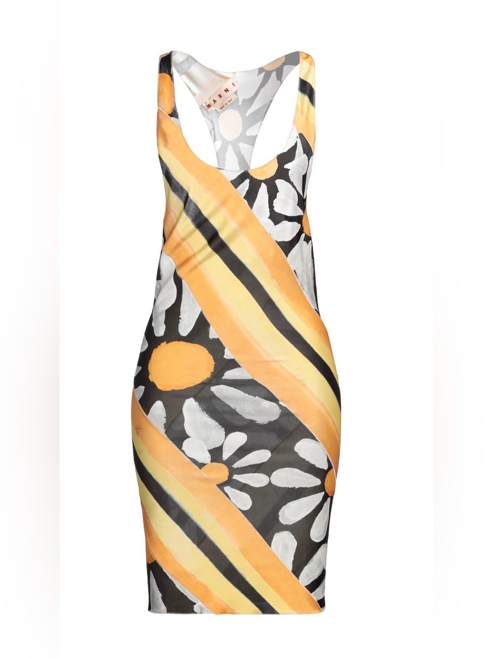 Marni One-Shoulder Yellow, Black & White Floral Stripe Dress